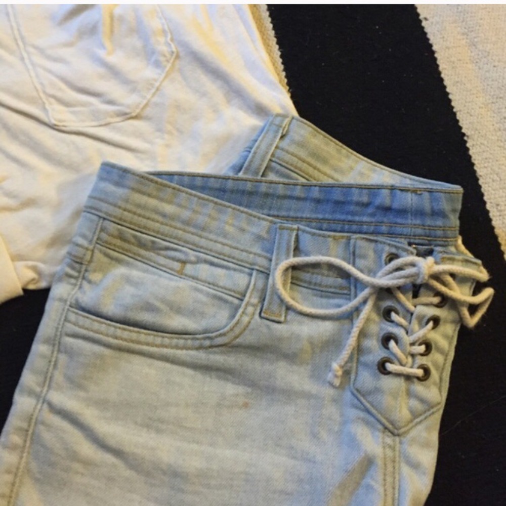 light wash CARMAR lace up denim shorts